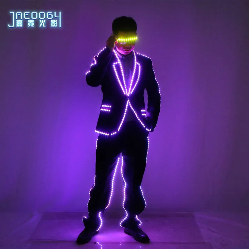 남성과 여성을 위한 풀 컬러 픽셀 LED 조명 재킷 코트, 무대 댄스 의상, RGB 라이트 업, 트론 세트, 나이트 클럽 파티 의상