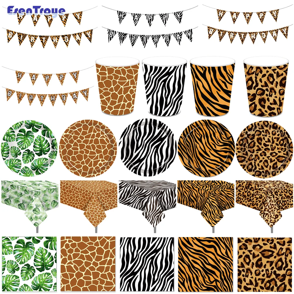 

Woodland Animals Disposable Tableware Tiger Leopard Print Tablecloth Plates Cups Tissue Jungle Safari Birthday Party Decoration