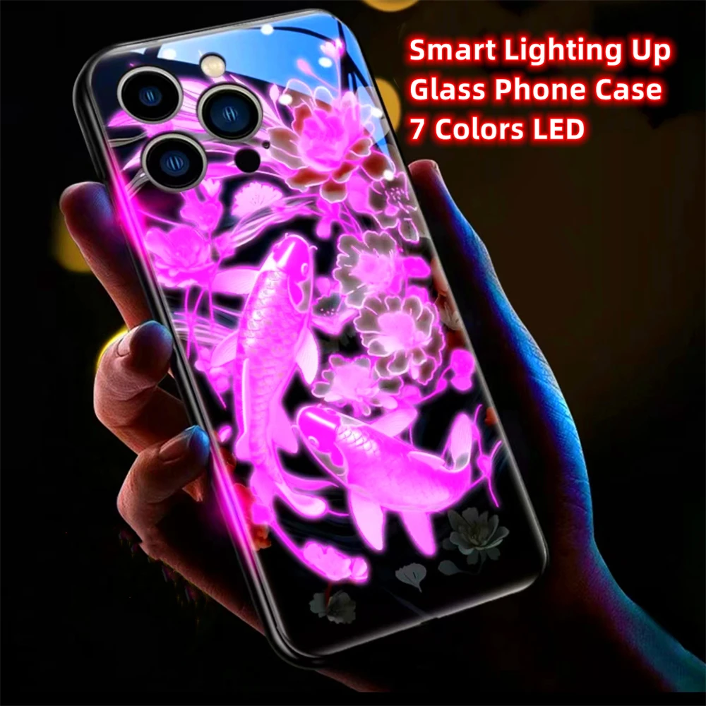 Fortune Golden Koi Fish Sound Control LED-Blitzhüllen, leuchtende Glasabdeckung für iPhone Air 17 16E 15 14 13 12 11 Pro Max Plus SE – Detail 18