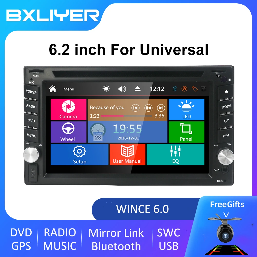 BXLIYER 6.2 Inch 2 DIN Universal Car DVD Player Stereo Audio Head Unit Car Multimedia RDS SWC BT Free MAP CAMERA SD Mirror Link