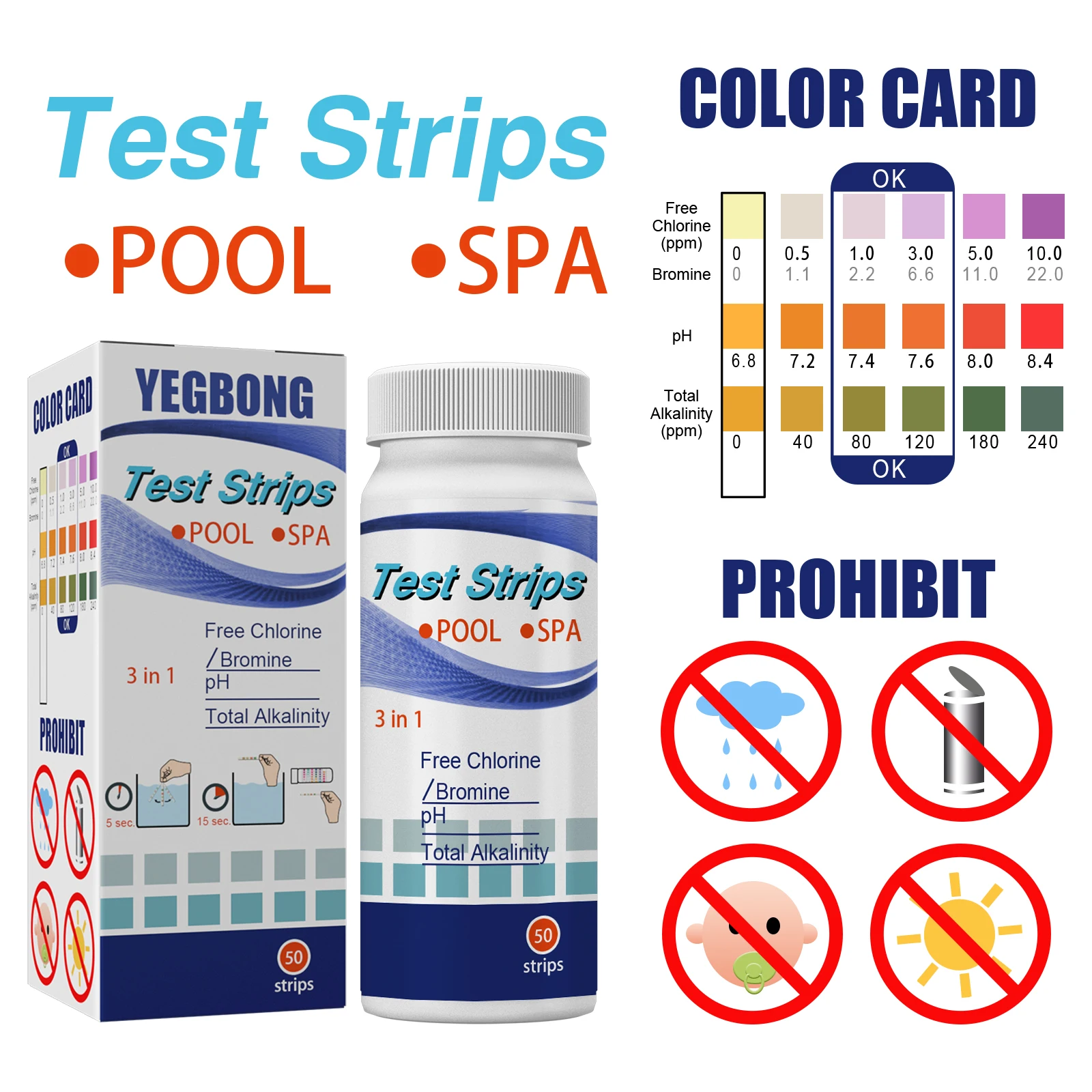 50 Strips 3 in 1 Swimming Pool Spa Water Test Strips Nitrate Nitrite PH