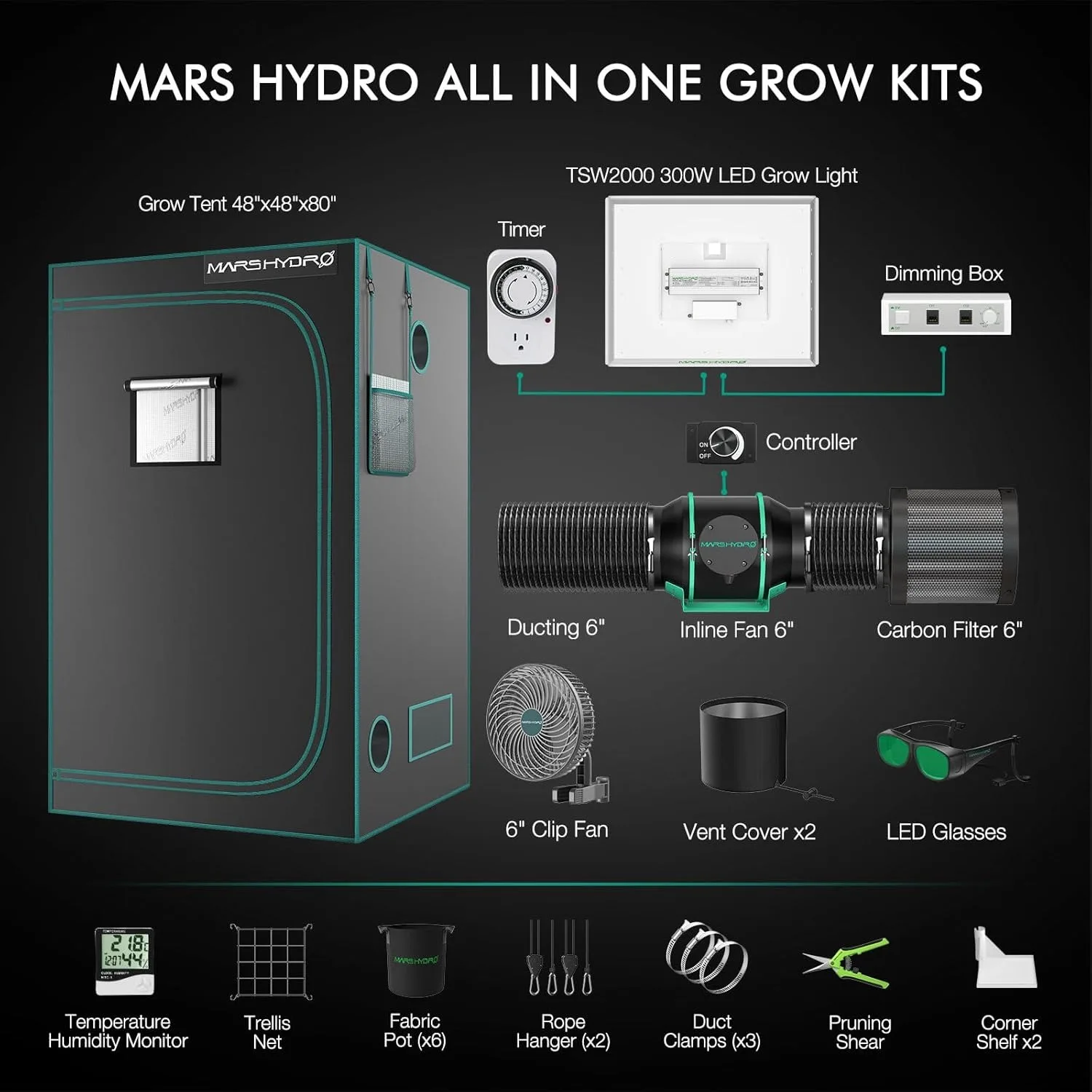 4x4 Grow Tent Kit Complete 300W TSW2000 Dimmable Light 684Pcs LED 48"x48"x80" 1680D High Reflective Mylar Grow Tent