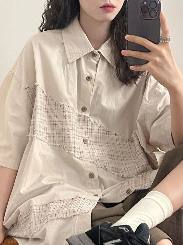 

Harajuku New Fashion Patchwork Women Blouse Y2k Aesthetic Loose Casual Grunge Blusas Single Breasted Streetwear All Match Shirt