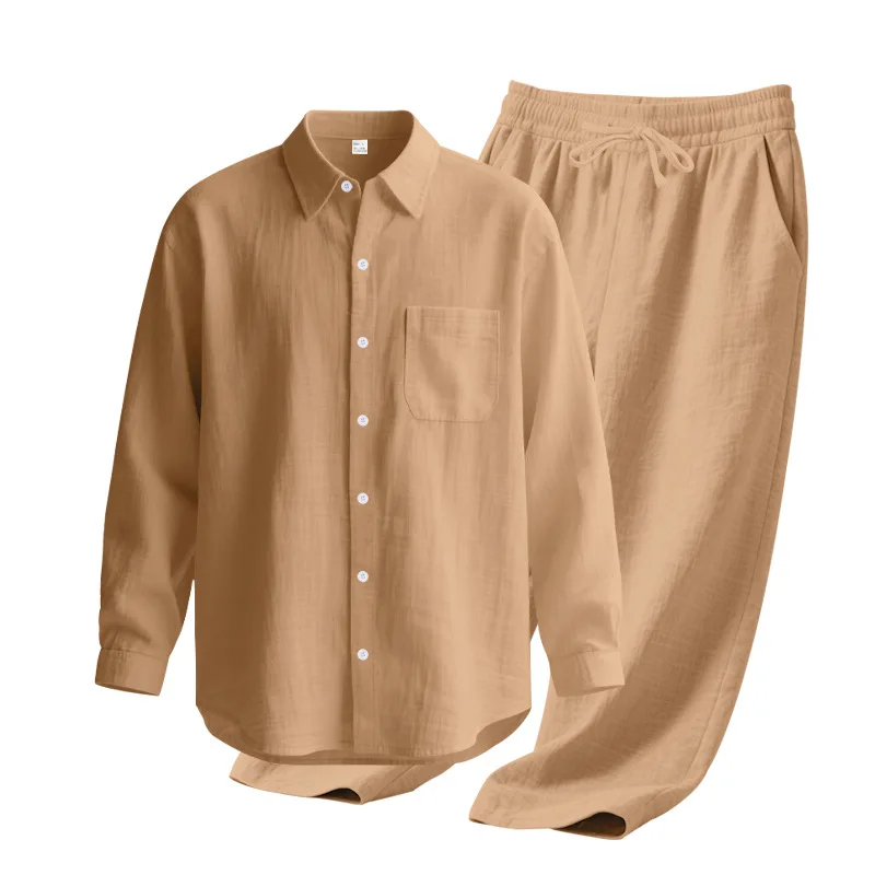 Men's Autumn Loose Trend Linen Solid Color Simple Lapel Long-Sleeved Shirt Beach Trousers Set
