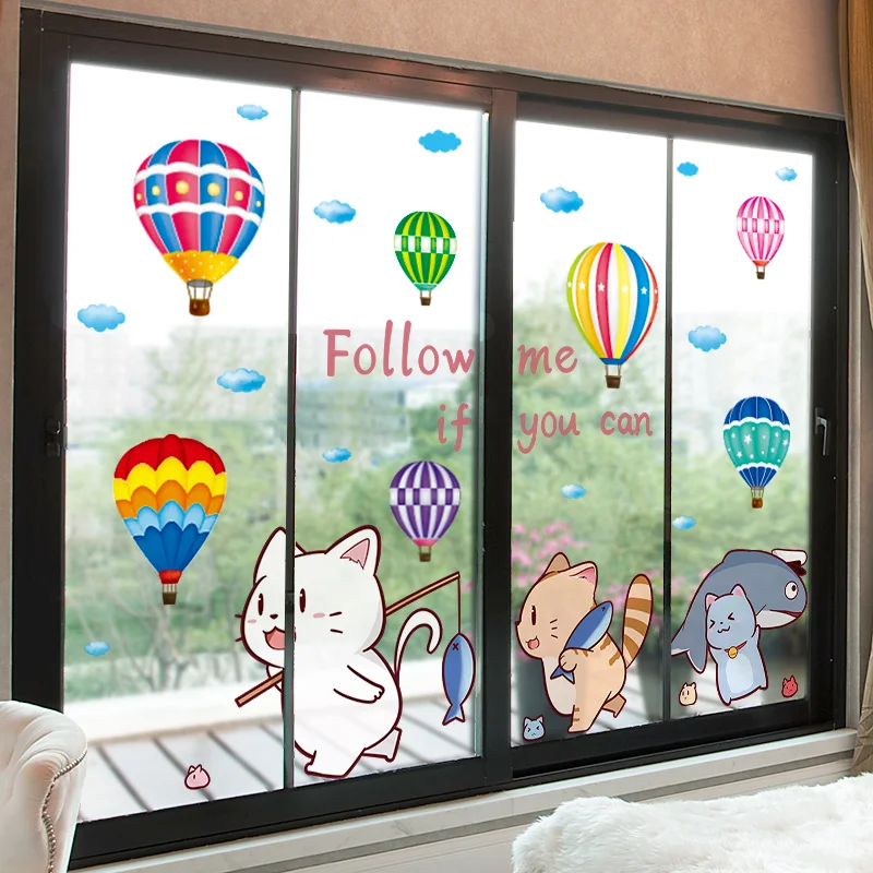 Cats Animals Wall Stickers DIY Hot Air Balloons Mural Decals for Kids Rooms Baby Bedroom Kindergarten Nursery Home Decoration