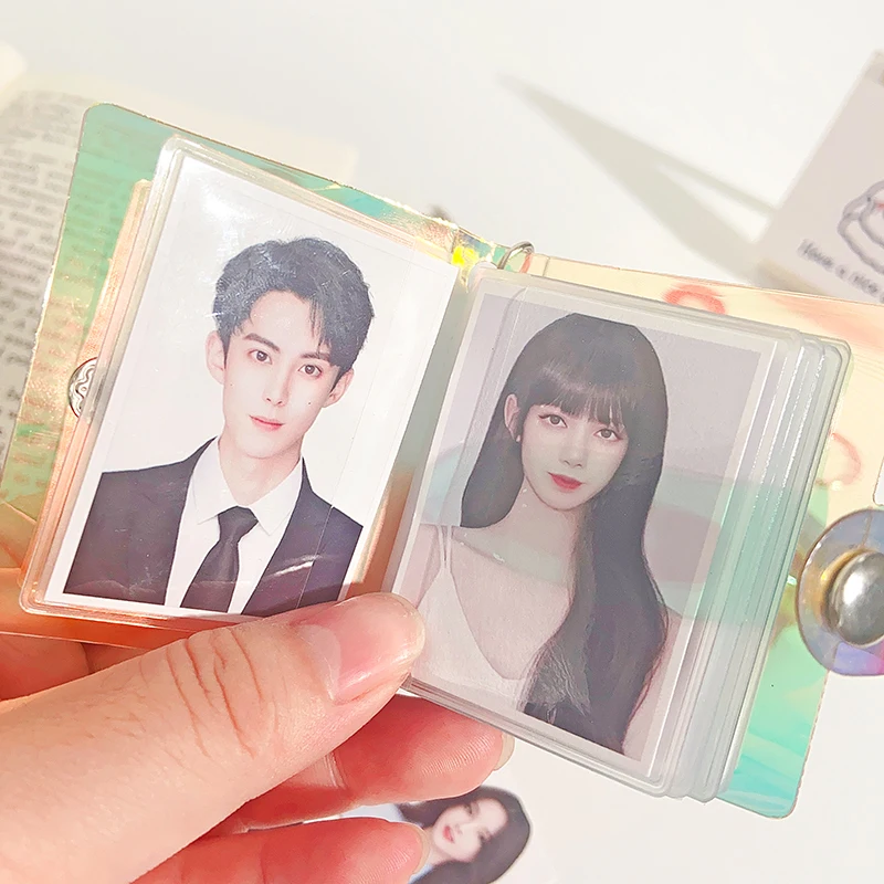 2 Inch Mini Photo Albums PVC Laser Cover Idol ID Photo Collection Book Kpop Photocard Holder with Keychain Bag Pendants card storage box