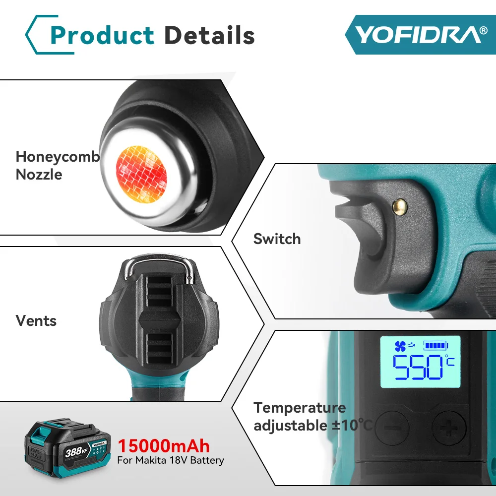 Yofidra 550 ℃ Heteluchtpistool 2200W 2e Versnelling Temperatuur Led Temperatuur Display Voor Makita 18V Batterij Heat Gun Met 3 Nozzles