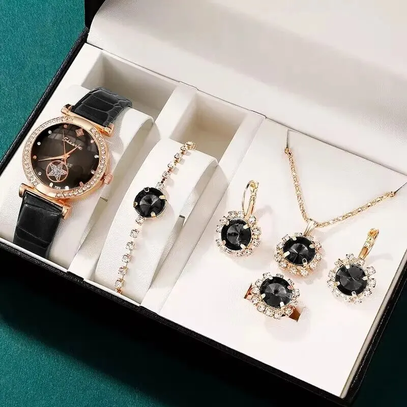 6PCS Set Women Watches Green Luxury Quartz Ring Necklace Earring Rhinestone Fashion Casual Ladies Bracelet
