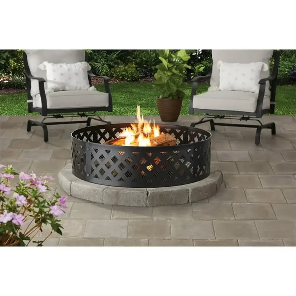 Fire Pit Ring Outdoor Metal Black 36" Round Steel Spark Screen Easy Assembly Firewood Holder Patio Backyard Decor Rust Resistant