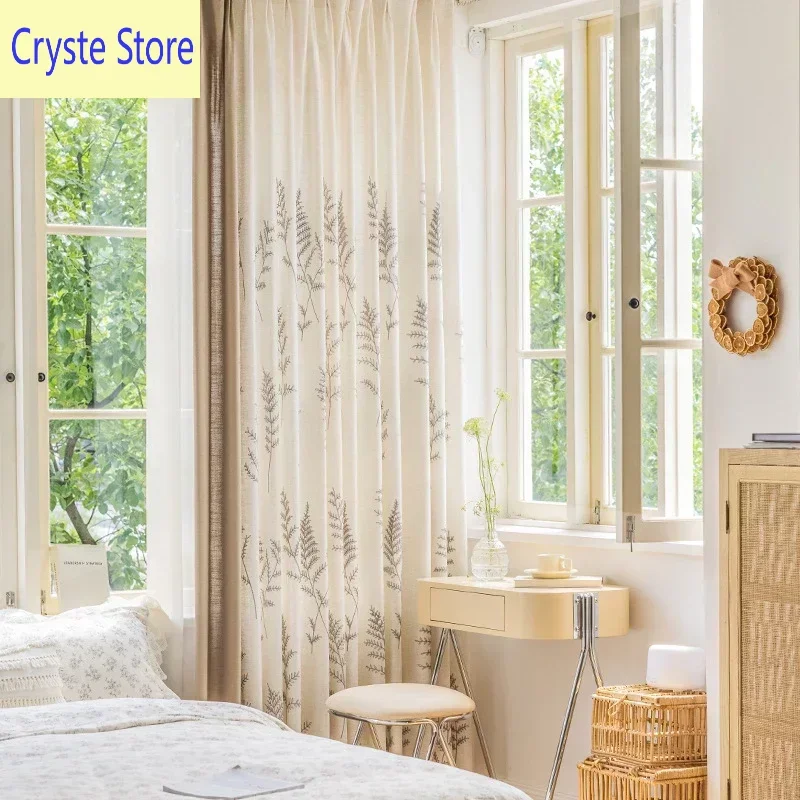 

1PC Happiness Tree Light Blocking Embroidered Rice Coffee Color Splicing Living Room and Bedroom Curtains