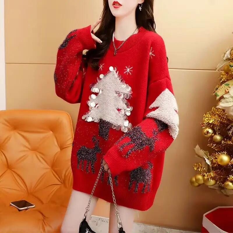 

Winter Girl's Elk With SequinsTree Printed Red Sweater Christmas Knit Coat