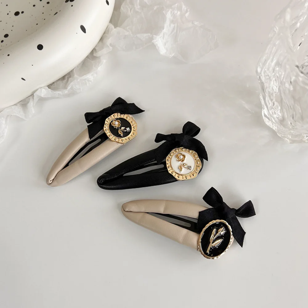 

VSnow Temperament Black Beige Cortex Bow-knot Clip Hairpin for Women Geometric Gold Metal Circle Flower Wedding Hair Accessories