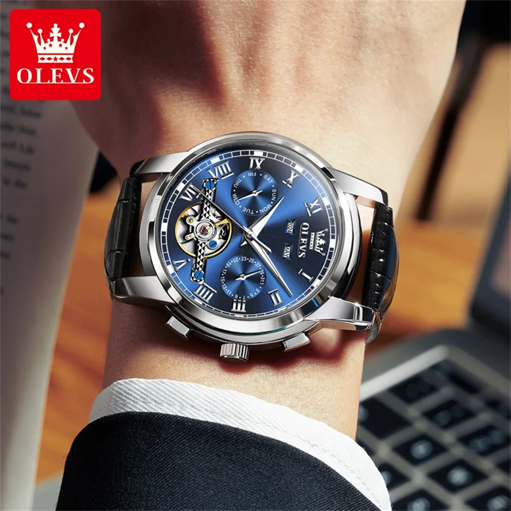 OLEVS 6607 Men Automatic Watch Roman Scale Mechanical Watch For Men Original Hollow Waterproof Male Wristwatch Week Date Display