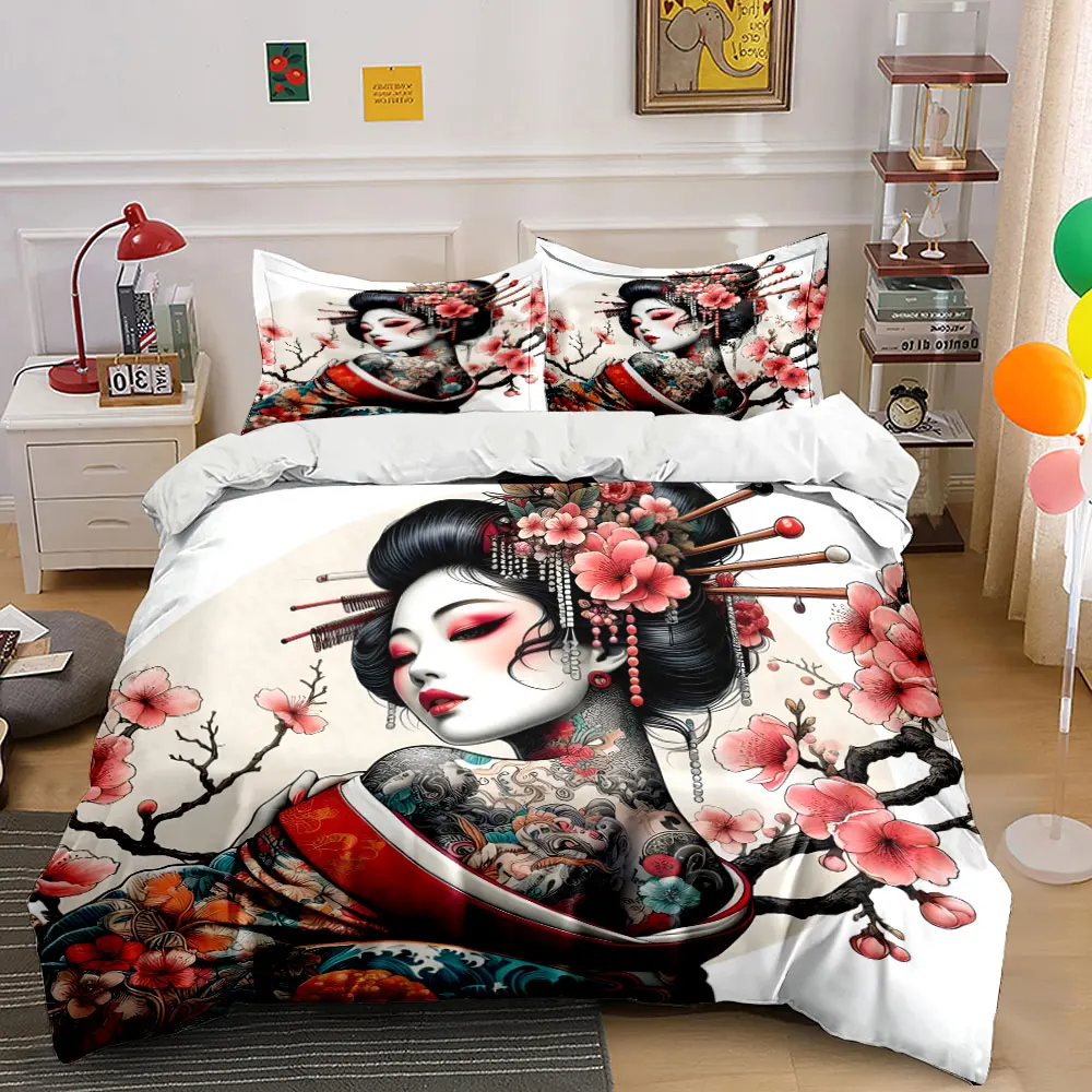 Geisha with tattoo and cherry blossoms Printed Duvet Cover Set1 Duvet Cover+2 Pillowcase Multi Size Bedroom Bedding Decor 1
