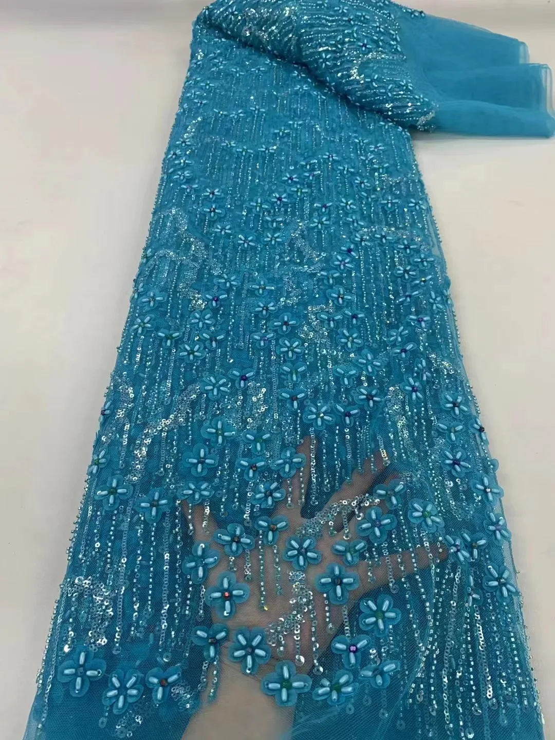 

African Lace Fabric Handmade Beads Embroidery French Tulle Lace Fabric For Party Nigerian Luxury Sequines Lace Fabric Wedding