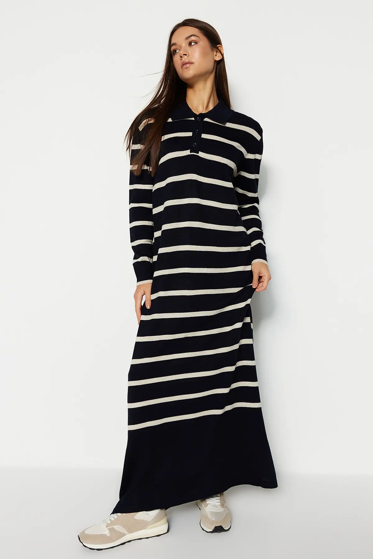 

Dark Navy Blue Polo Neck Striped Knitwear Dress TCTAW22EB0212 Maxi Regular Cotton Polyester Daily Standard Sleeve Long Acrylic
