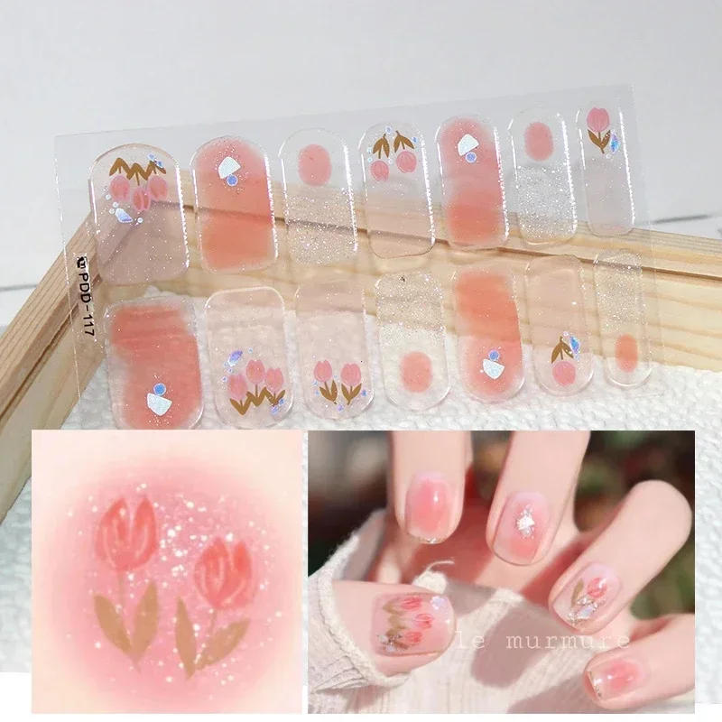 DIY 반 경화 젤 네일 스티커 봄 네일 스트립 패치 슬라이더 풀 커버 데칼의 ..