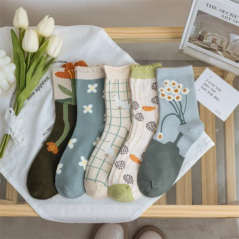 

Women Socks Flower Bird Pattern Cute Kawaii Japanese Korean Style Cotton Green Harajuku Breathable Casual Mid Tube Floral Socks