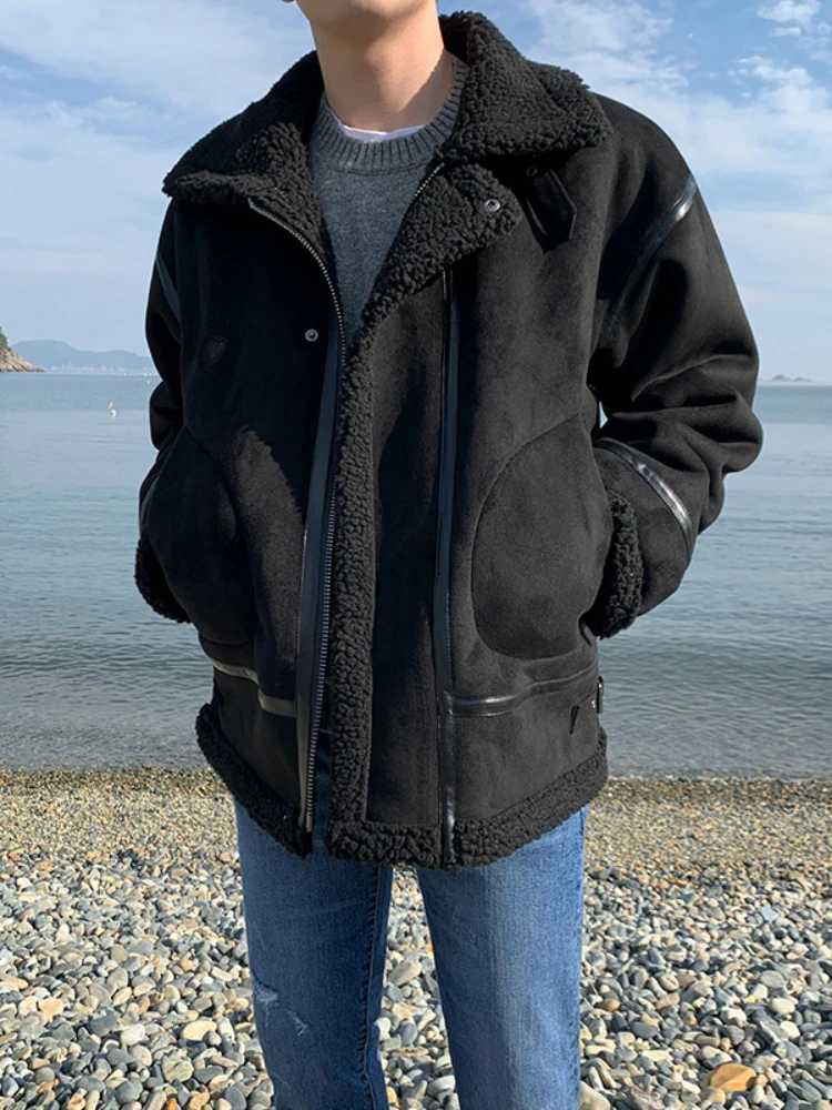 Lamb Jacket Men's Winter Thickened Motorcycle Wear Loose and Versatile Cotton Clothes Trend