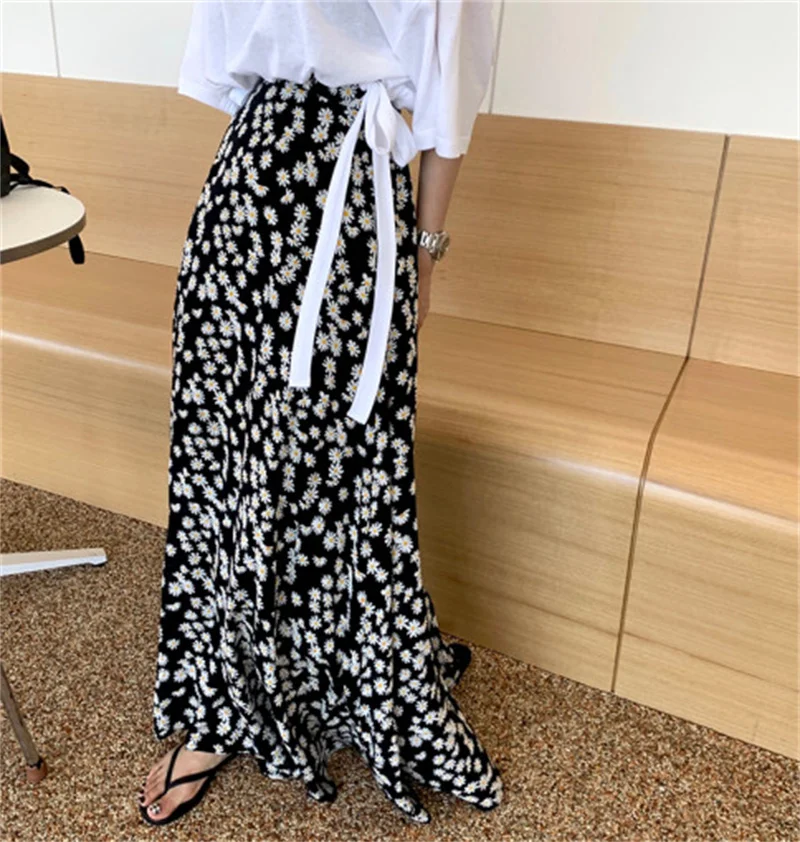 

Korean Fashion A Line Long Skirt Female Chic Summer Vintage High Waist Daisy Print Chiffon Skirt Women Elegant Mujer Faldas P205