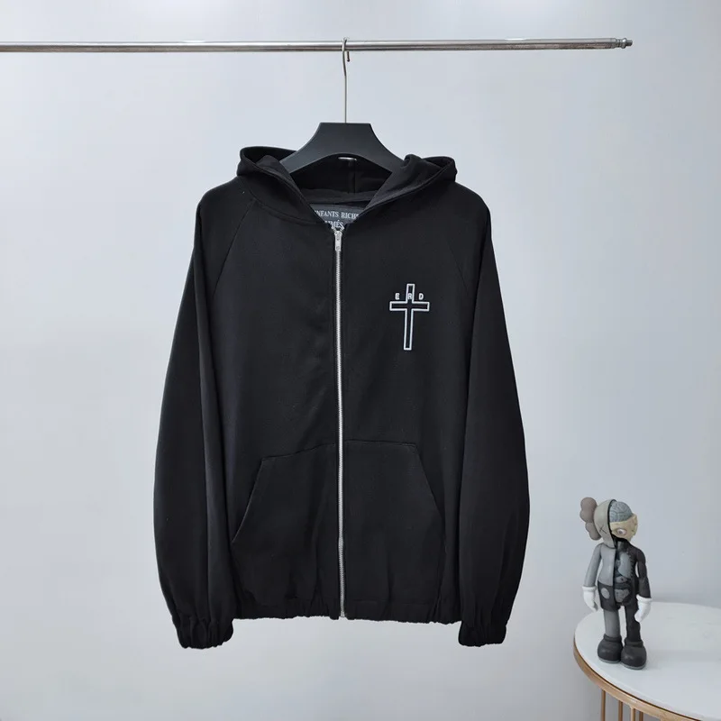 

Trendy Hoodie for Couples Cross Alphabet Outerwear Pocket Melancholy Rich Second Generation Cross Slogan Letter Zipper Hoodie