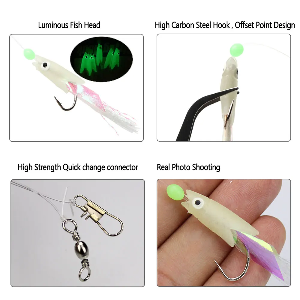 Bimoo 5packs Luminous String Hooks Sabiki Rigs Glow Fish Head Twisted Flashabou Tinsel Tail Freshwater Saltwater Fishing Lures