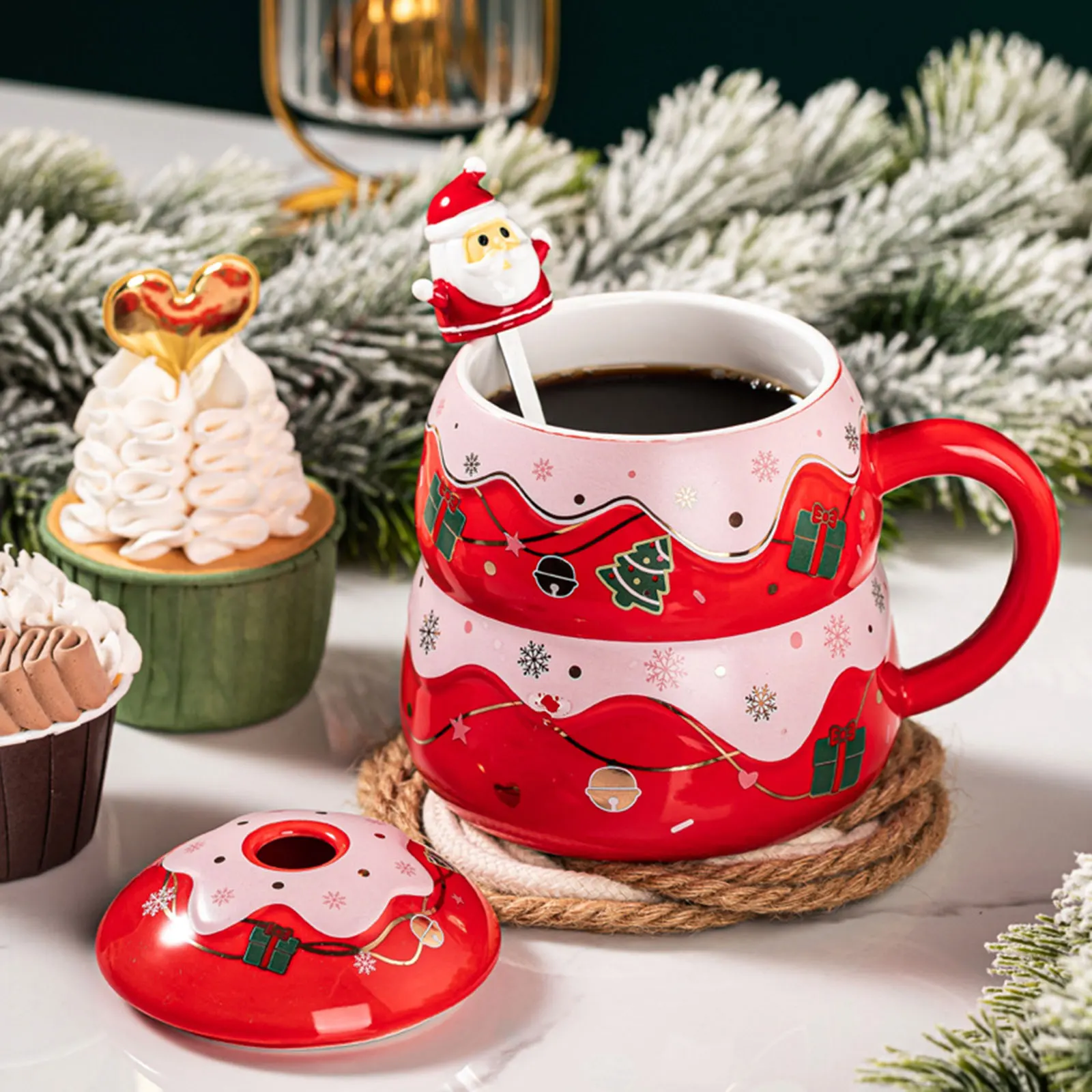 Christmas Ceramic Mug with Lid and Stir Stick, Christmas Coffee Milk Tea Cups Office Unique Gift for Christmas, Size: A1