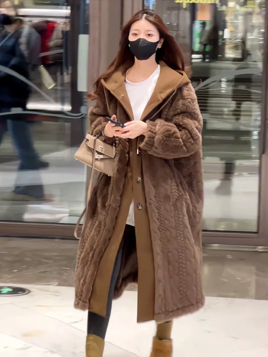 Winter Thick Warm Maternity Mink Fur Coats X-long Pregnant Woman Outwear with Hat Faux Two Pieces Pregnancy Faux Fur Jacket
