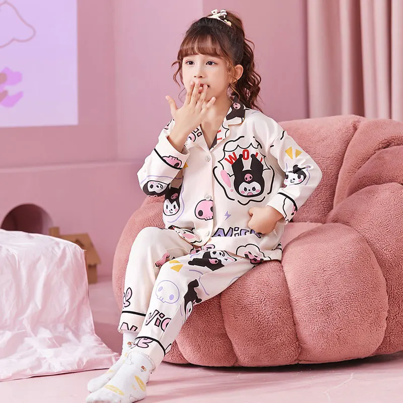 

New Girls Cotton Pajamas Kawaii Sanrioed Cartoon Cinnamoroll Mymelody Kuromi Long Sleeve Children's Home Clothing Kids Nightwear
