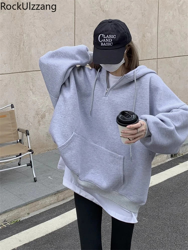 

Gray Sweatshirt with Hooded Black Hoodies Pockets Oversized Solid Color Loose Top Fall Autumn Casual