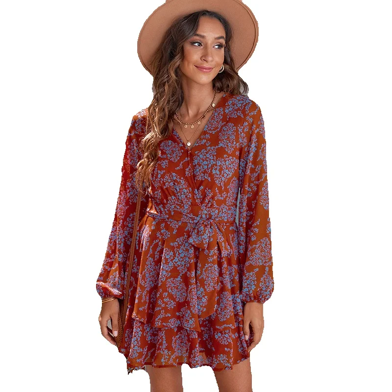 

Autumn New Printed Long Sleeve Dress Women's Slim Fit Ruffle Lace Up Knee Length 227724