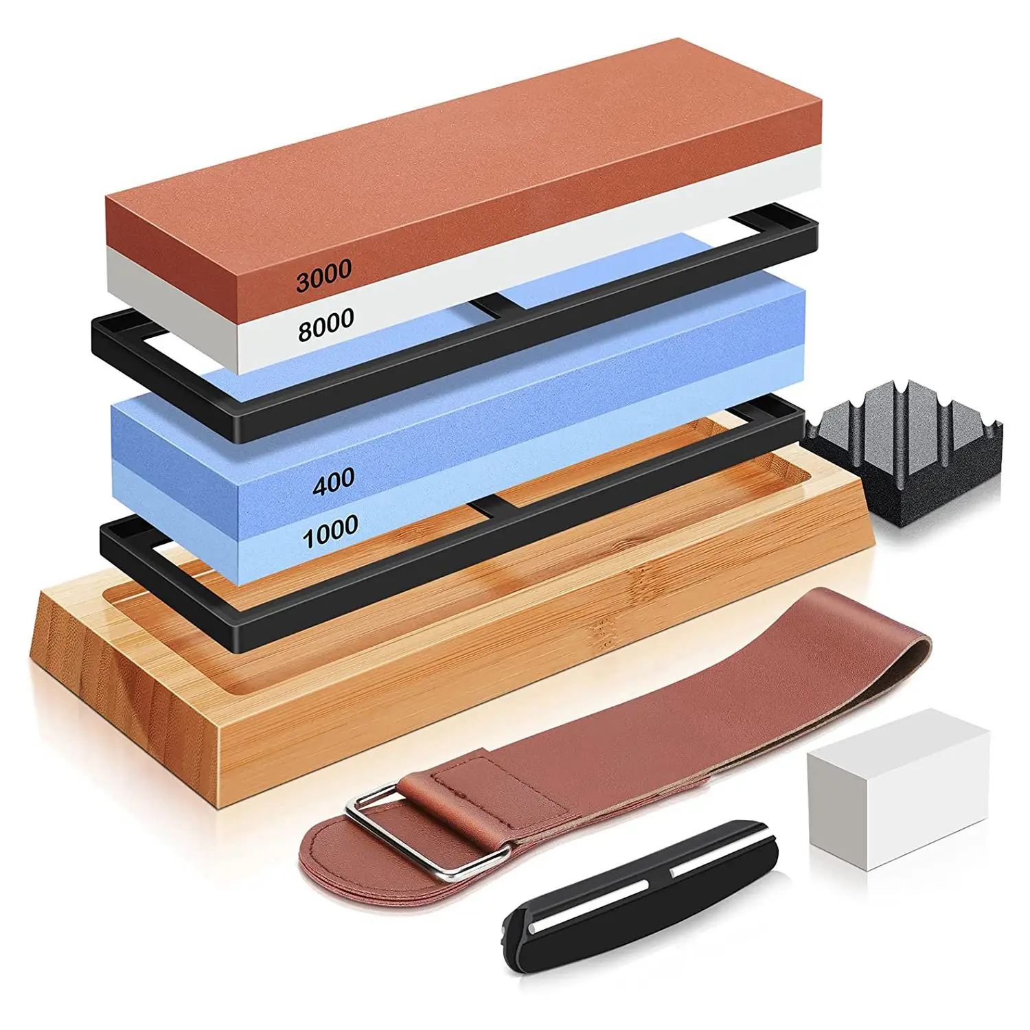 

Knife Sharpening Stone 4 Side Grit 400/1000 3000/8000, Whetstone Knife Sharpener, Knife Sharpening Kit with Bamboo Base