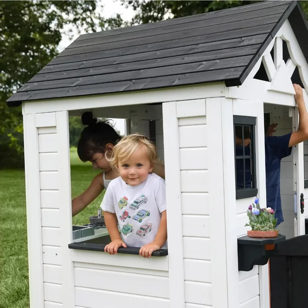 Outdoor Playhouse, Cottage, Sink, Stove, Windows, Kitchen with Pot and Pans and Utensils, Flowerpot Holders, Working Doorbell 4