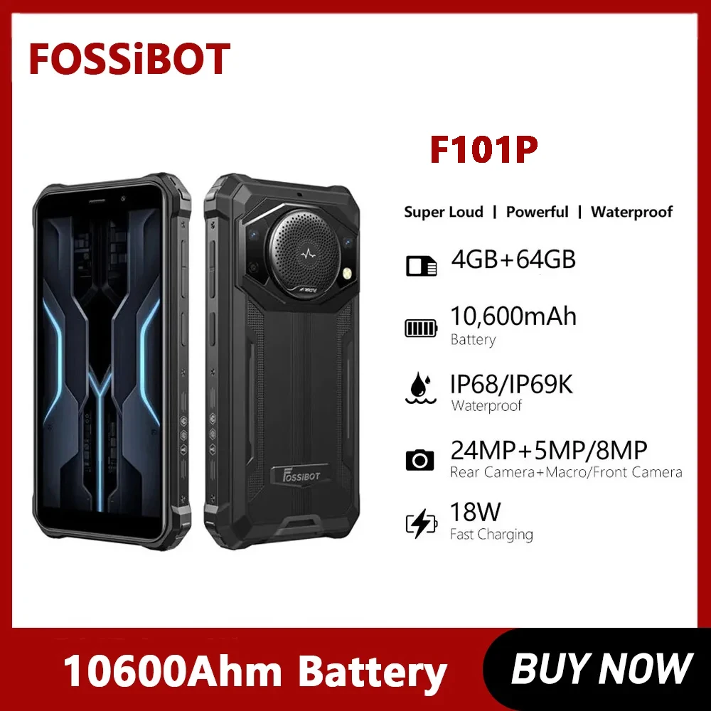 Прочный смартфон FOSSiBOT F101P, 4G, водонепроницаемый мобильный телефон, Android 12, Восьмиядерный, 4 Гб + 64 ГБ, 5,45 дюйма, 10600 мАч, 18 Вт, быстрая зарядка, 24 МП unihertz atom прочный смартфон мобильный телефон android 9 восьмиядерный 4g мобильные телефоны 4 гб озу 64 гб пзу 2 45 дюйма разблокированный 2000 мач nfc