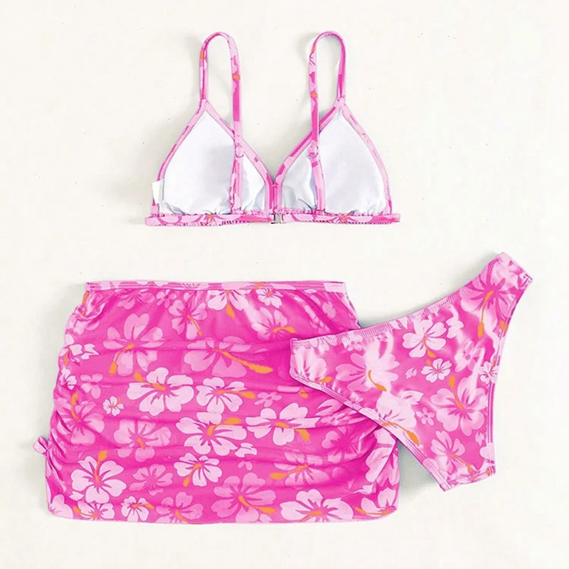 Kids Bikini swimsuit Halter Bra + Briefs + Drawstring Beach Skirt 3-piece Sets Surfing Diving Bathing Beach Suspender swimsuit