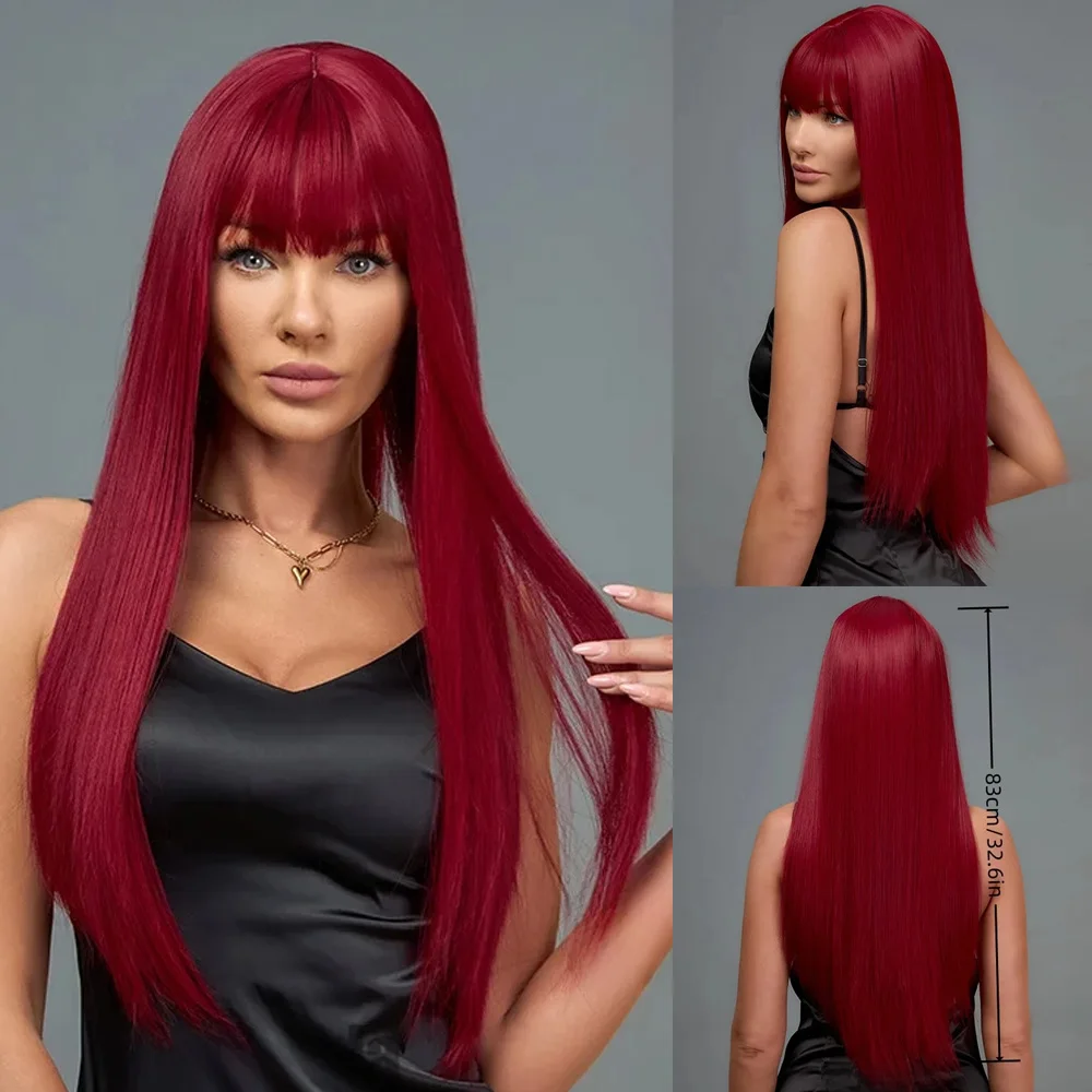 

SNQP Long Straight Synthetic Wig for Women 32inch Wine Red Wig with Bangs for Daily Cosplay Party Heat Resistant Fiber
