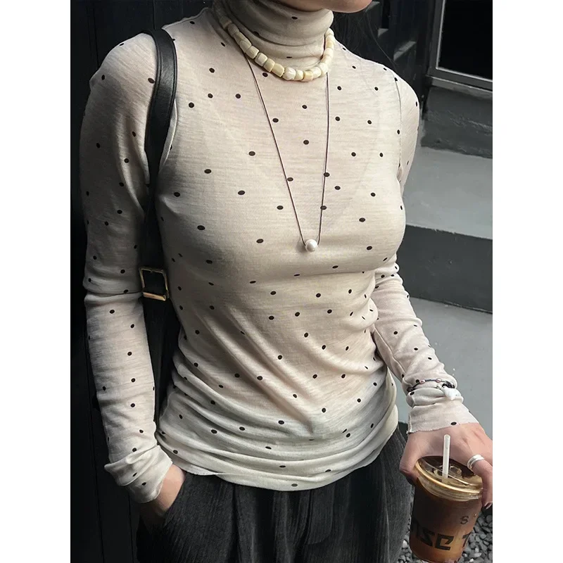 

New Early Spring Slim-fitting High-neck Wool Blend Light Beige Polka-dot Women Bottoming Shirt