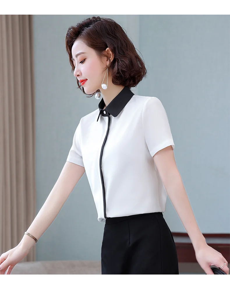 Summer New Women'S Short Sleeved Patchwork Temperament Chiffon Shirt Korean Fashionable Versatile Lapel Professional Top Female
