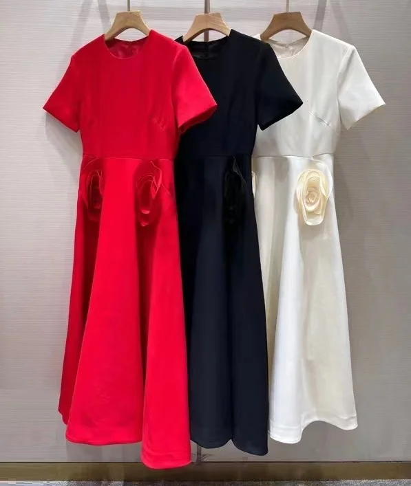 

Long Dress 2024 Spring Summer Fashion Design Women Flower Deco Short Sleeve Elegant Long White Red Black Maxi Dress for Party