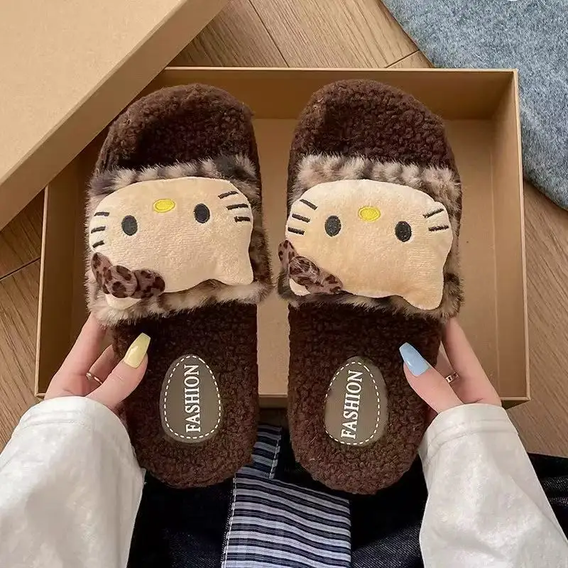 Kitty Cartoon Leopard Print Fur Slippers Kawaii Indoor Comfortable Non-Slip Slippers Cute Couple Cotton Shoes Gift