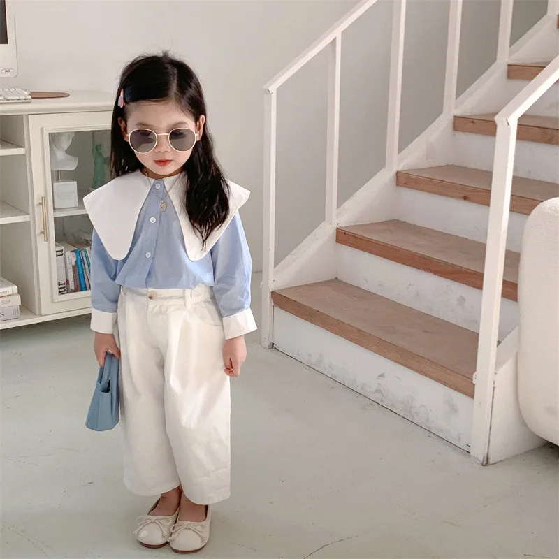 Shirt Top Cute Sweet Spring Autumn Korean Girl Contrast Color Lapel College Long Sleeve Leisure Active