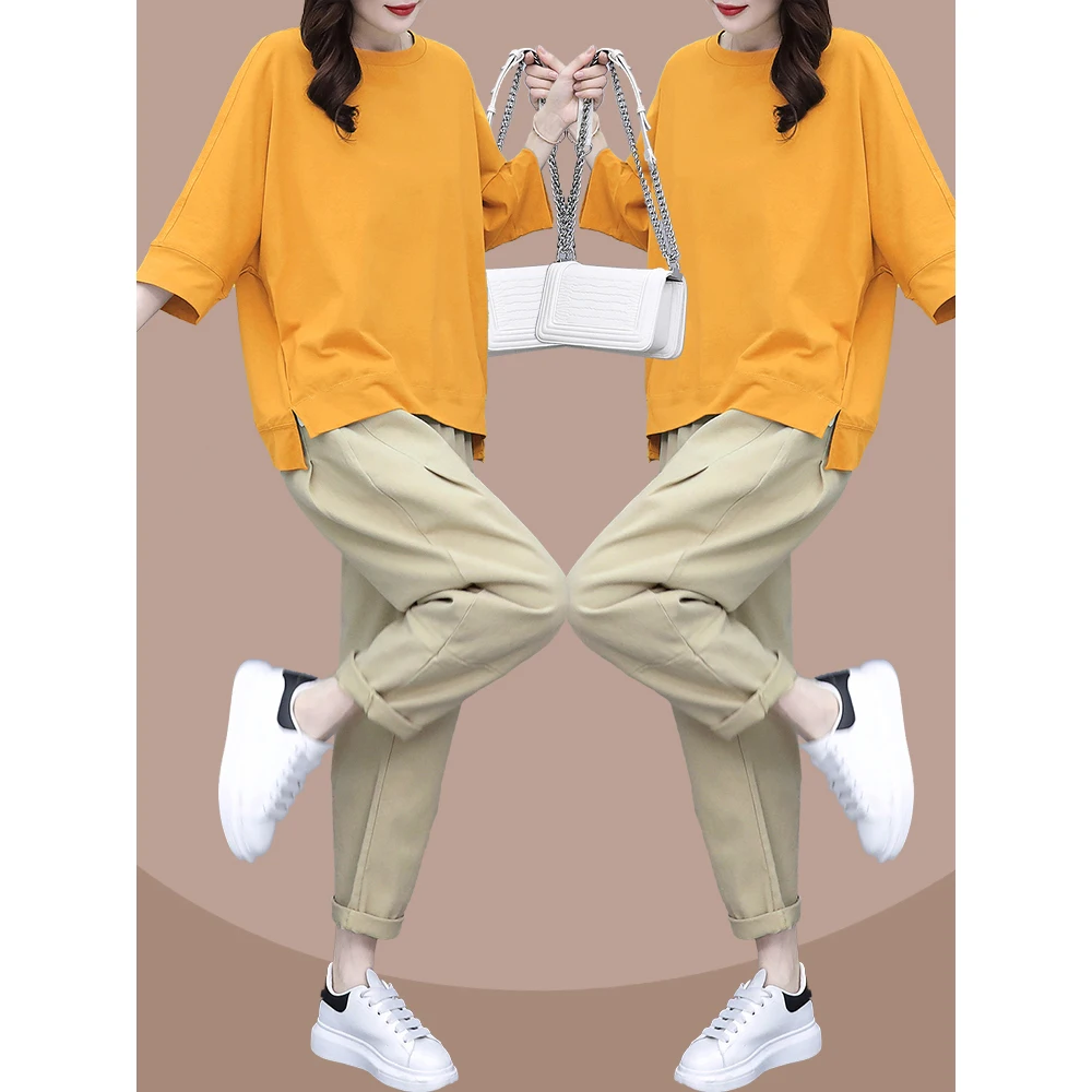 

Женский Повседневный костюм из 2-х предметов, свободная футболка и штаны в Корейском стиле, офисная одежда для женщин 4XL на весну и осень