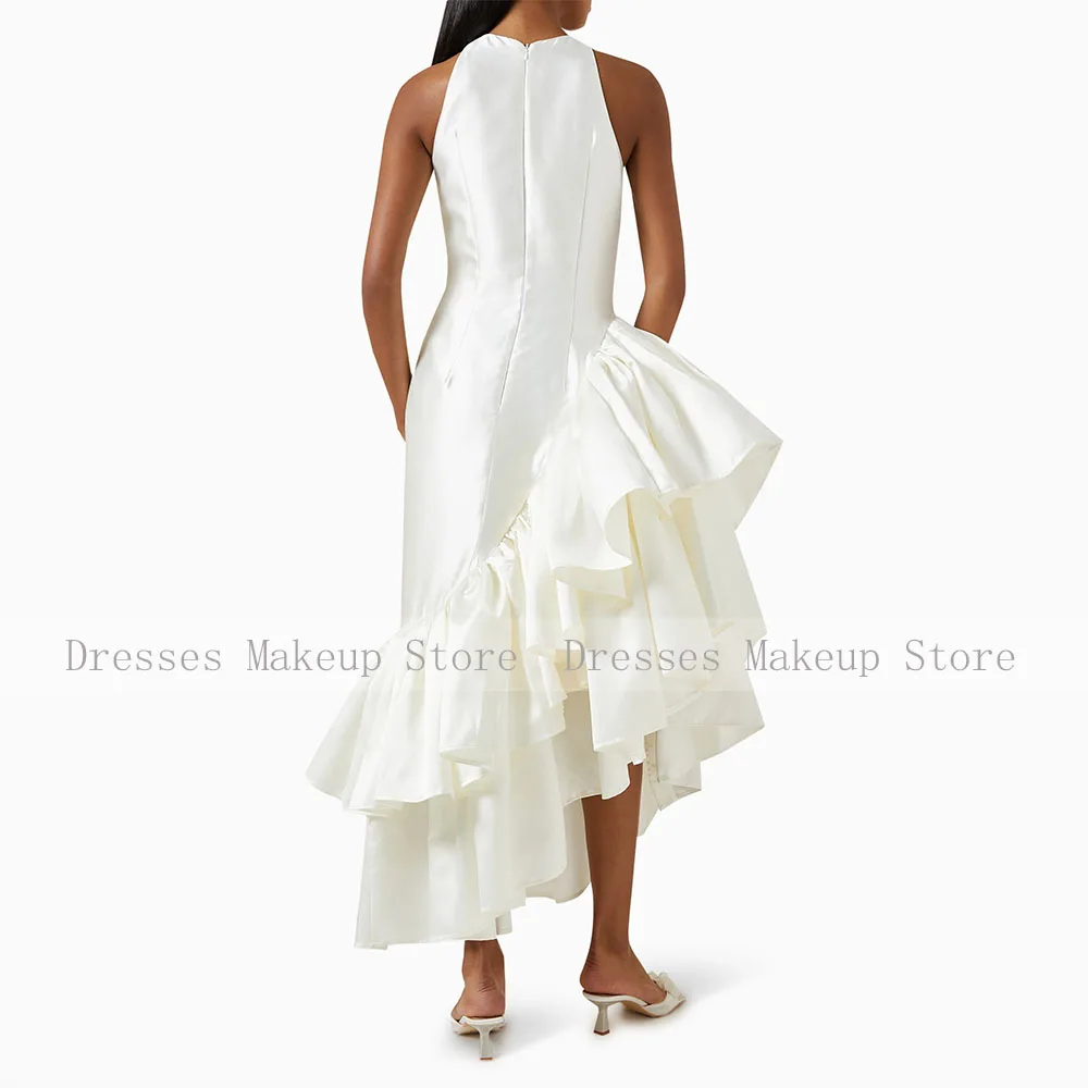 Cocktail Dresses Asymmetrical Ruffle O Neck Sleeveless Mermaid Cocktail Gowns Women Satin Trumpet Formal Party Dress Beige