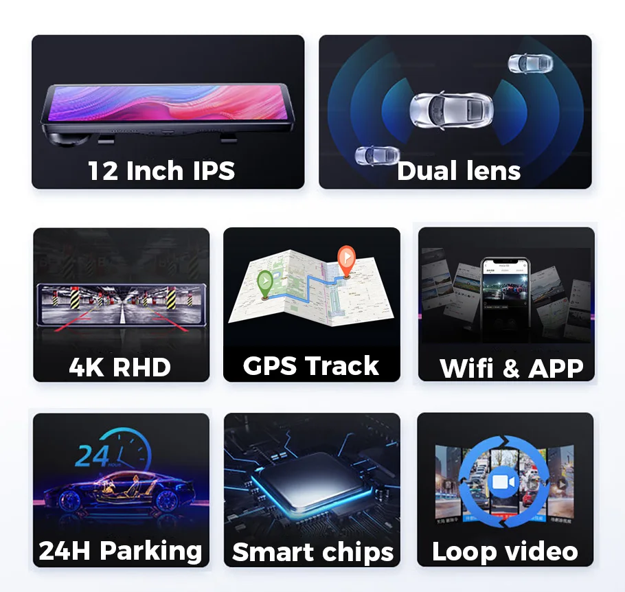 4K Rear View Mirror Recorder 3 in 1 12 Inch Dash Cam With camera WIFI GPS Track Car DVR Sony IMX415 Ultra HD 3840*2160P Camera