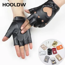 HOOLDW High Quality Women Leather Gloves Fashion Fingerless Star Hollow Gloves Party Show Breathable Half Finger Mittens Women