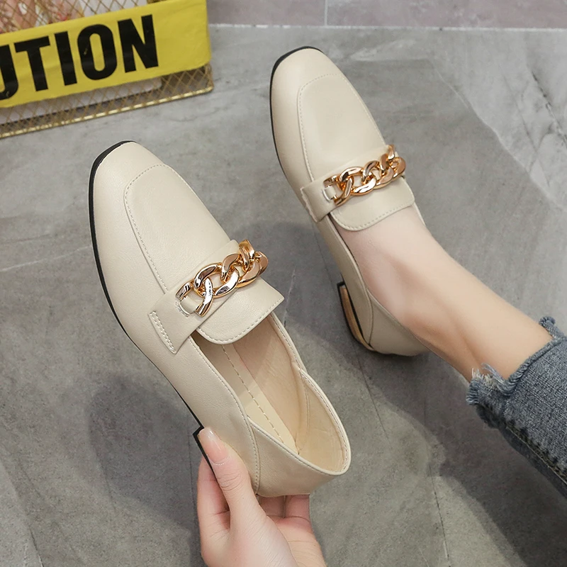 ballet flats shoes winter 2022 Spring Autumn Retro Square Toe Metal Decoration Female Shoes Genuine Leather Basic Casual Women Flat Heels Size 34-40 ballet flat leather shoes womens