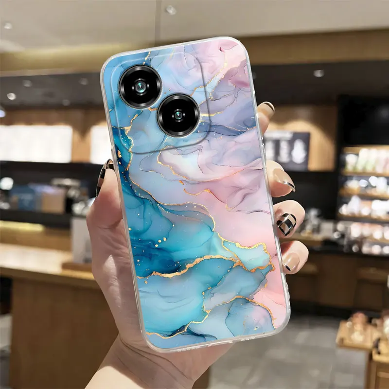 Luxury Clear Shockproof Silicone Soft Phone Case with Marble Floral Print