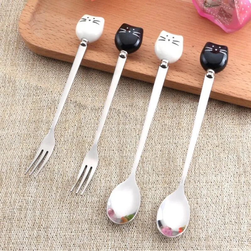 

1pc Cartoon Cat Spoon Fork Long Coffee Stirring Spoon Fruit Fork Stainless Steel With Ceramic Cat Handle