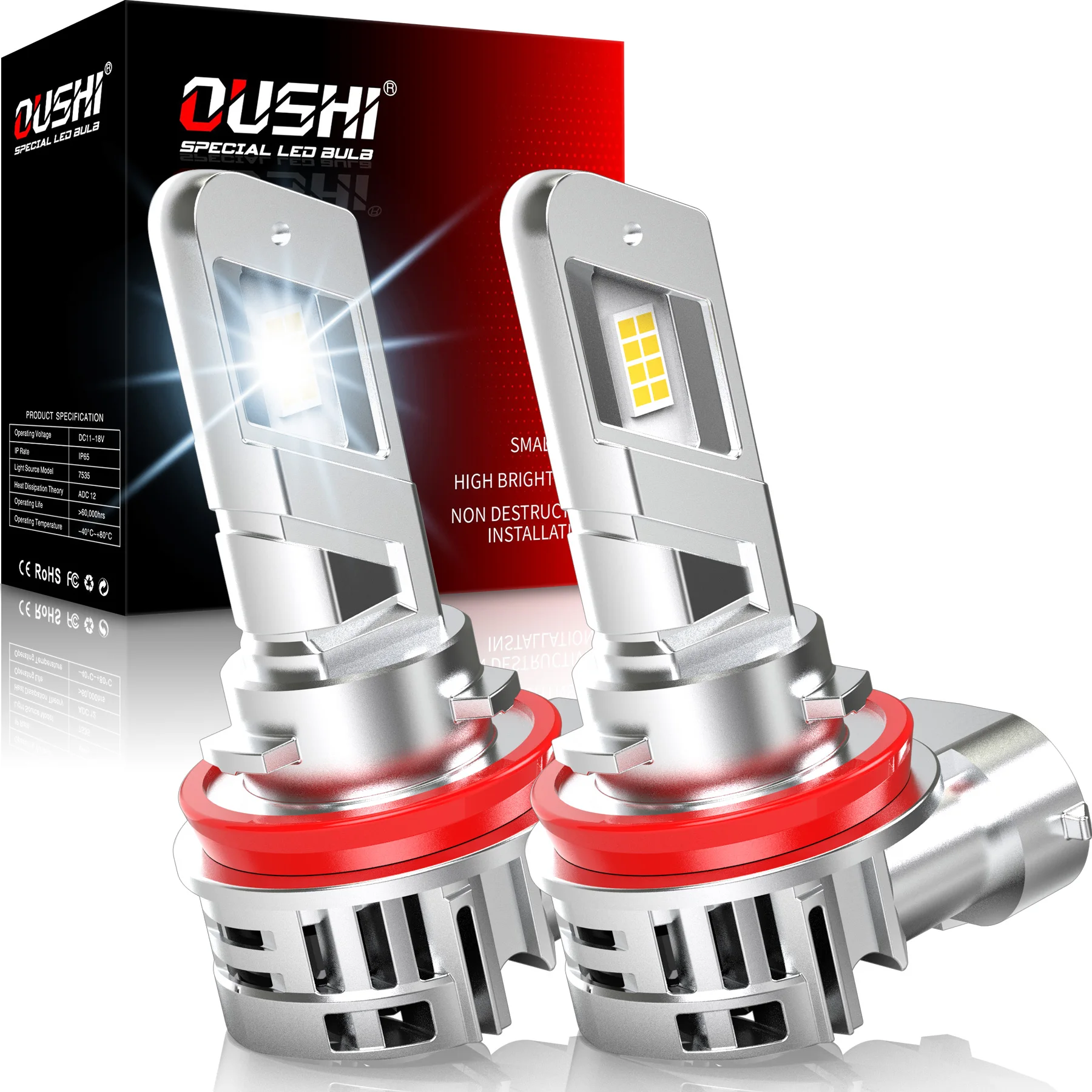 OUSHI 2개 H8 H11 자동차 LED 헤드라이트 전구 안개등 초고휘도 6000K 화이트 고출력 GC-7535 칩 포르쉐 911 카이엔용