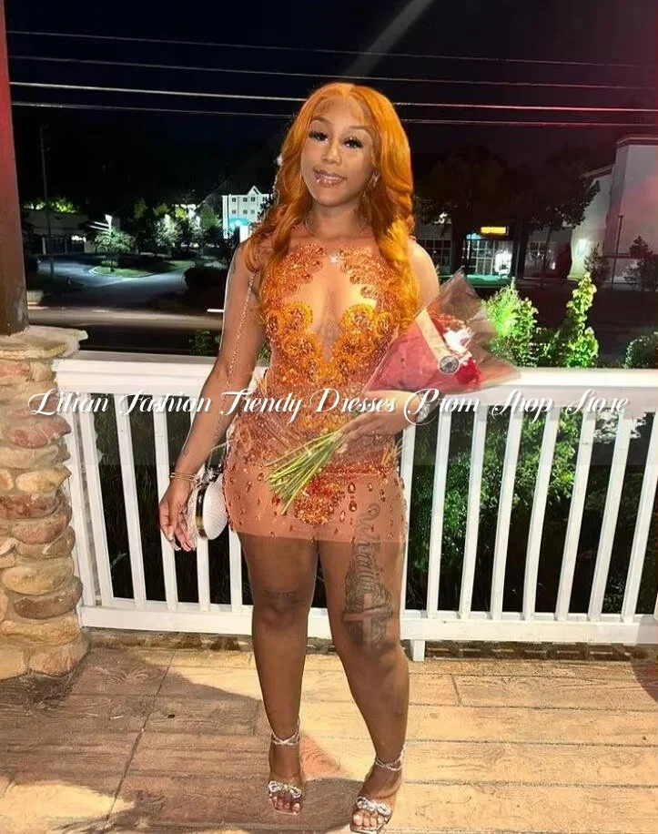 Orange Sparkly Mini Evening Cocktail Dresses for Black Girl Luxury Diamond Crystal Sheer Mesh Birthday Party Gala Dress Custom